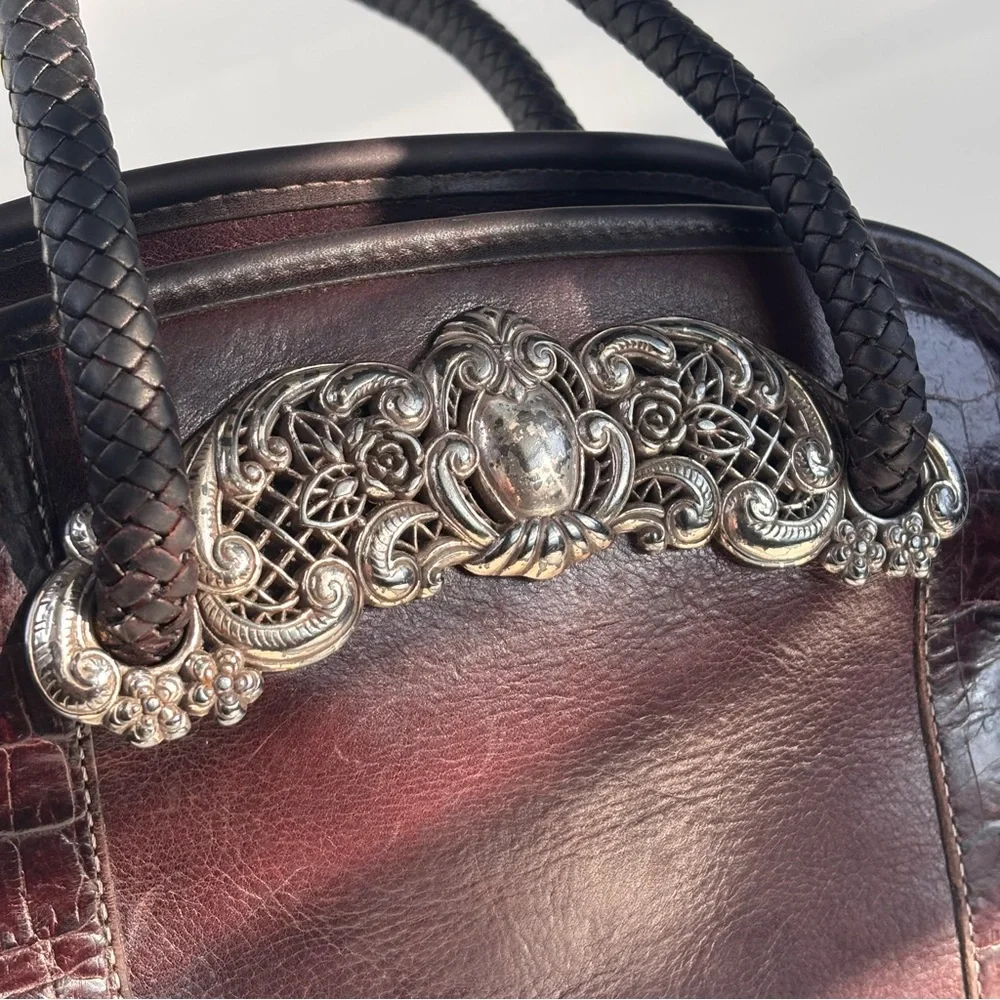Vintage Brighton Brown Leather Silver Filigree Braided‎ Handle Handbag A162006